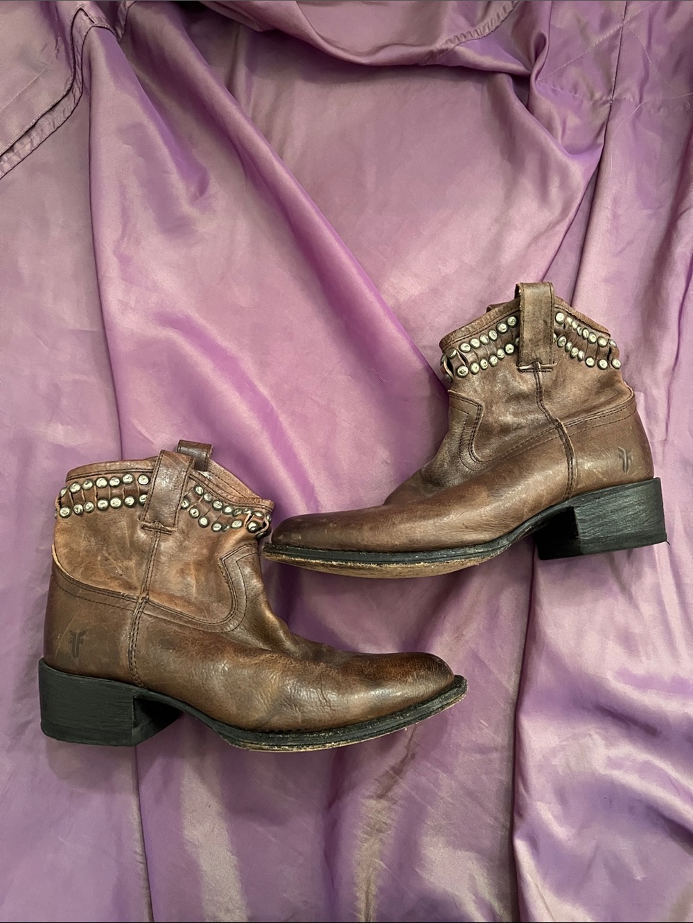 Frye Brown Studded Leather Heeled Ankle Boots
